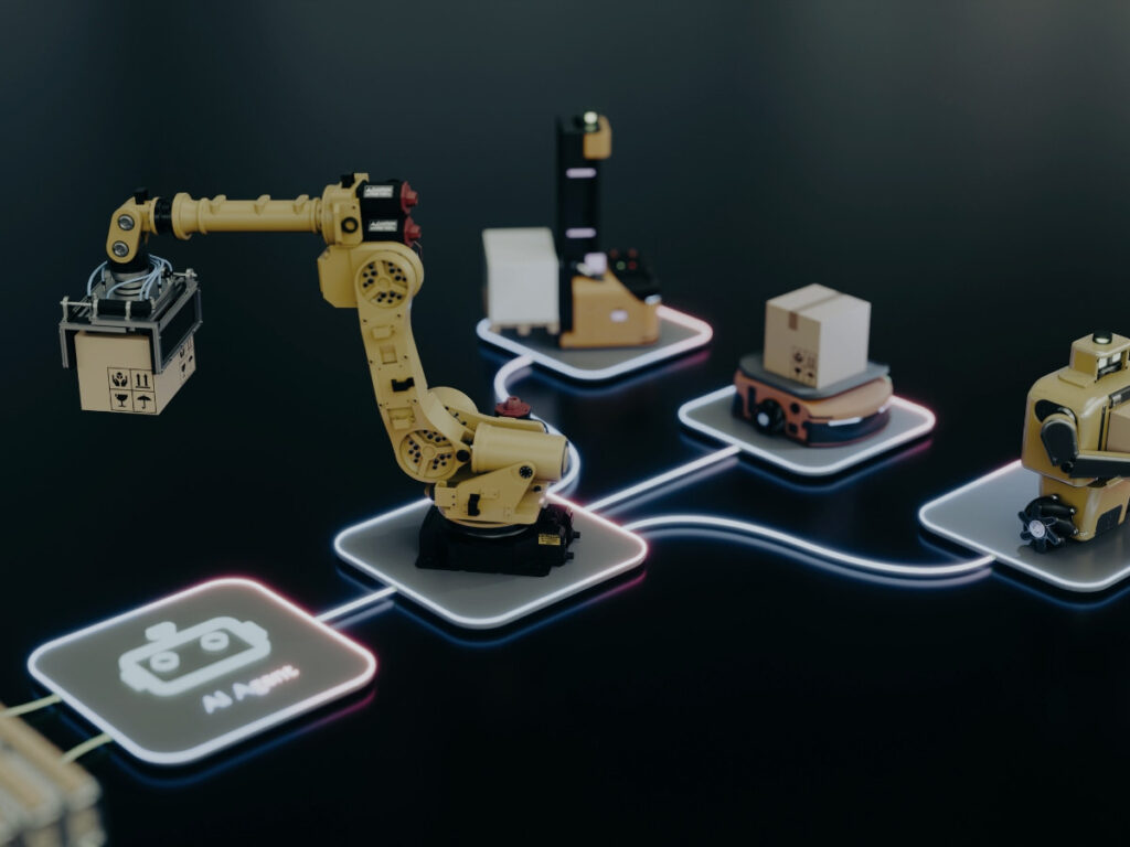 Wizualizacja linii produkcyjnej z ramionami robotycznymi połączonymi świetlnymi liniami